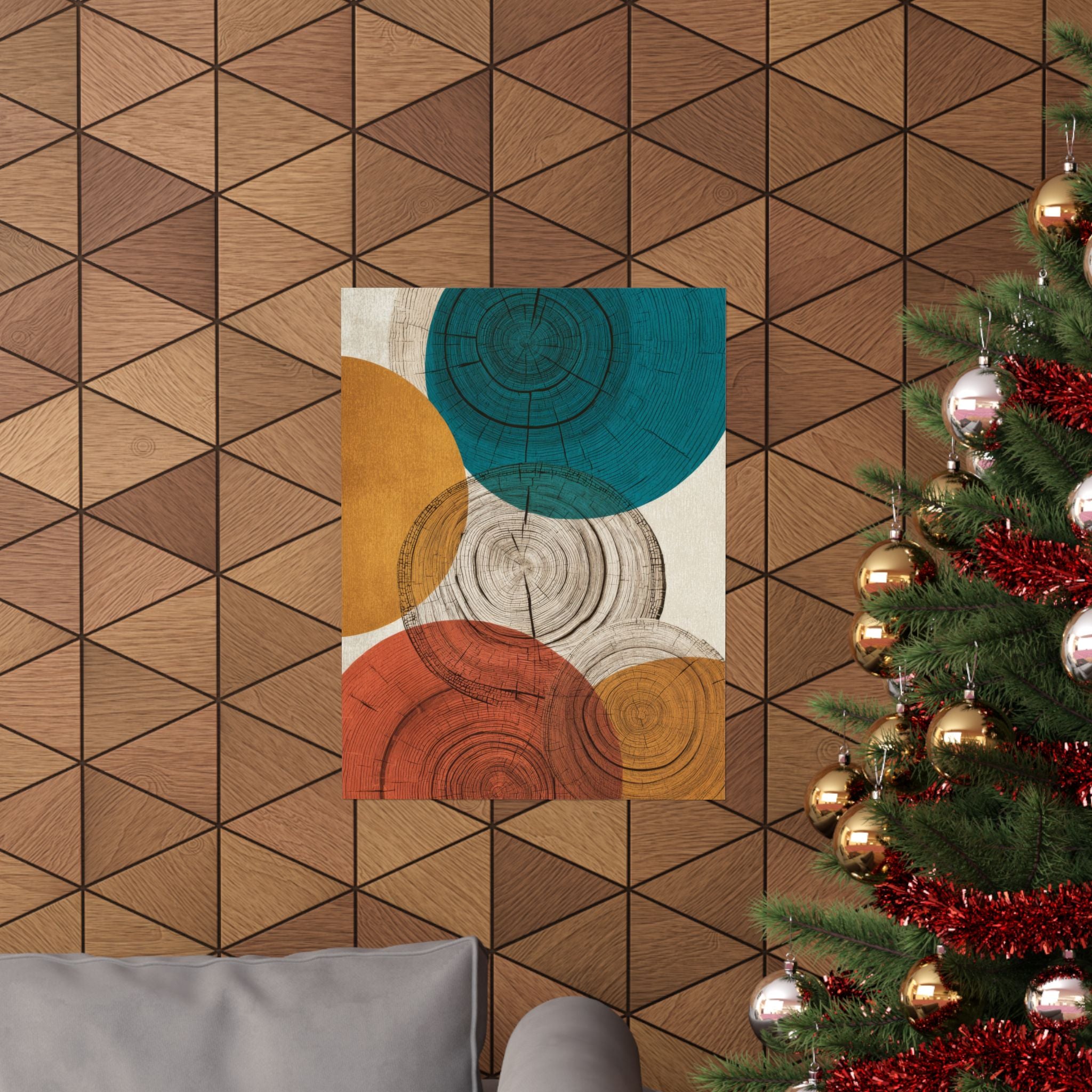 Abstract Tree Ring Art Print | Mid Century Modern Wood Grain Poster | Geometric Growth Rings Wall Art | Japandi Teal Mustard Retro Decor