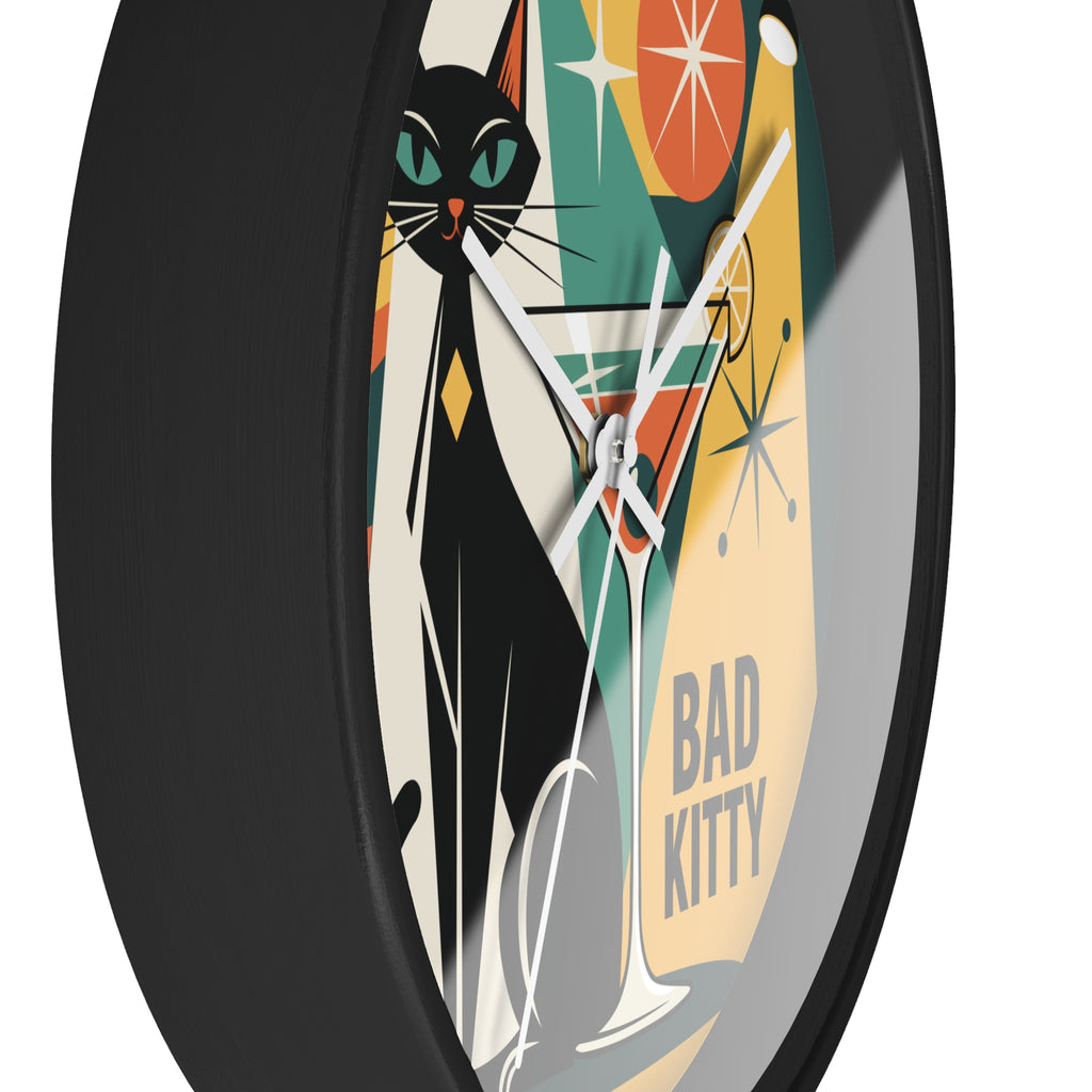 Bad Kitty Retro Cat Martini Wall Clock | Mid Century Modern Kitchen Decor