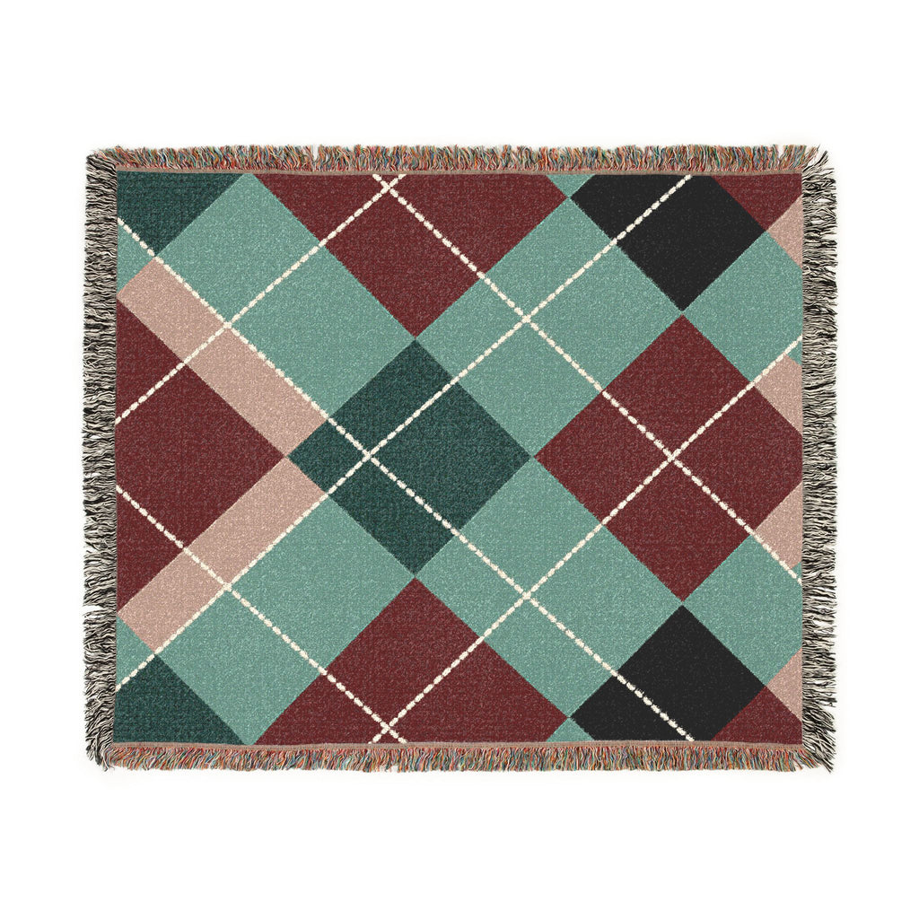 Teal Burgundy Argyle Woven Blanket | Geometric Plaid Throw