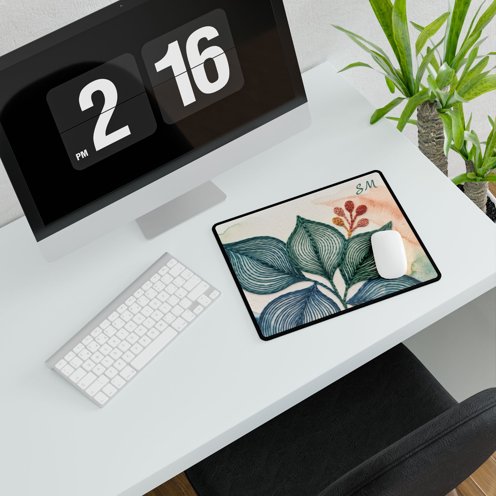 Abstract Leaf Desk Mat, Cubicle Decor, Blue Green Office Mouse Pad, Botanical Desk Accessory