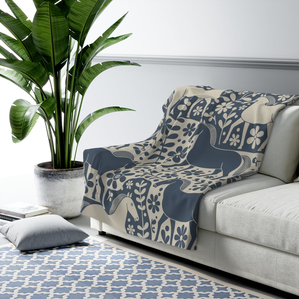 Scandinavian Dala Horse Folk Art Sherpa Fleece Blanket | Nordic Floral Pattern