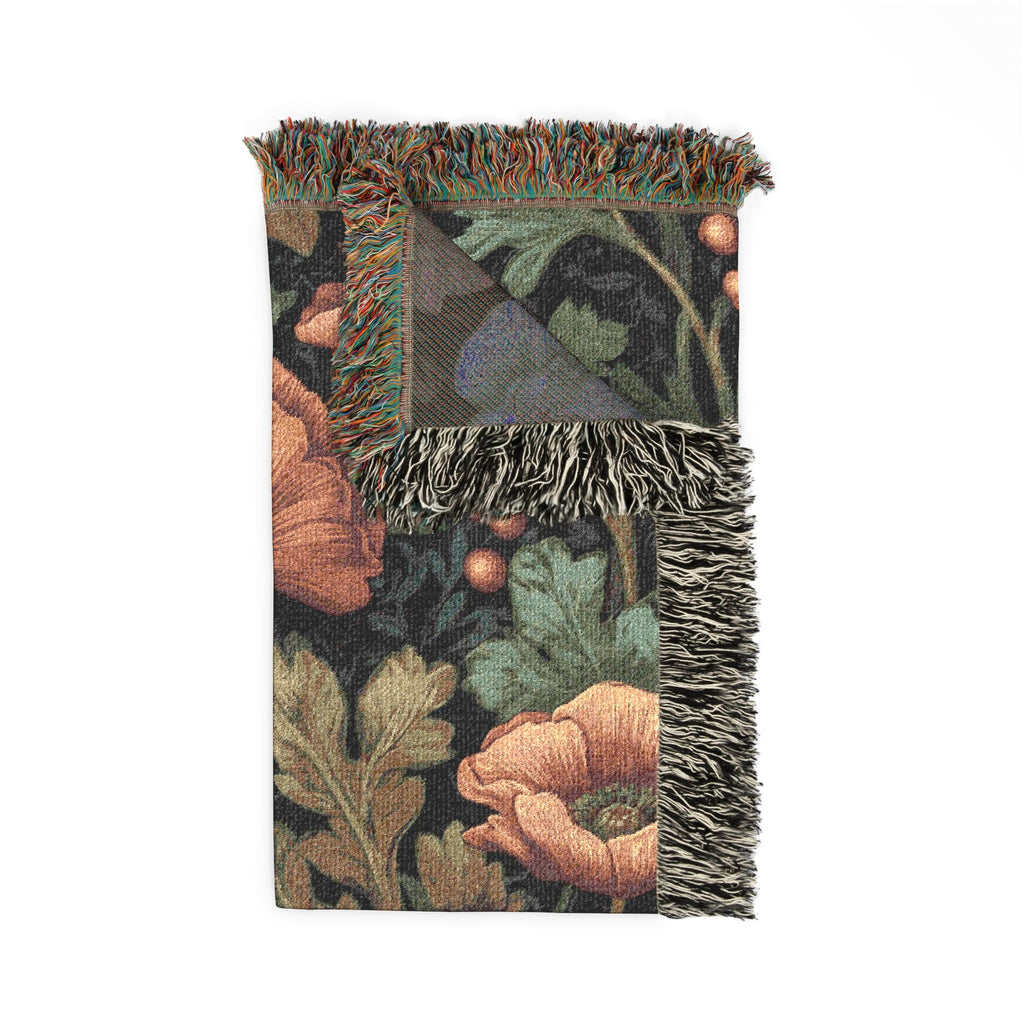 William Morris Poppy Garden Woven Blanket | Coral Orange & Teal Floral Throw