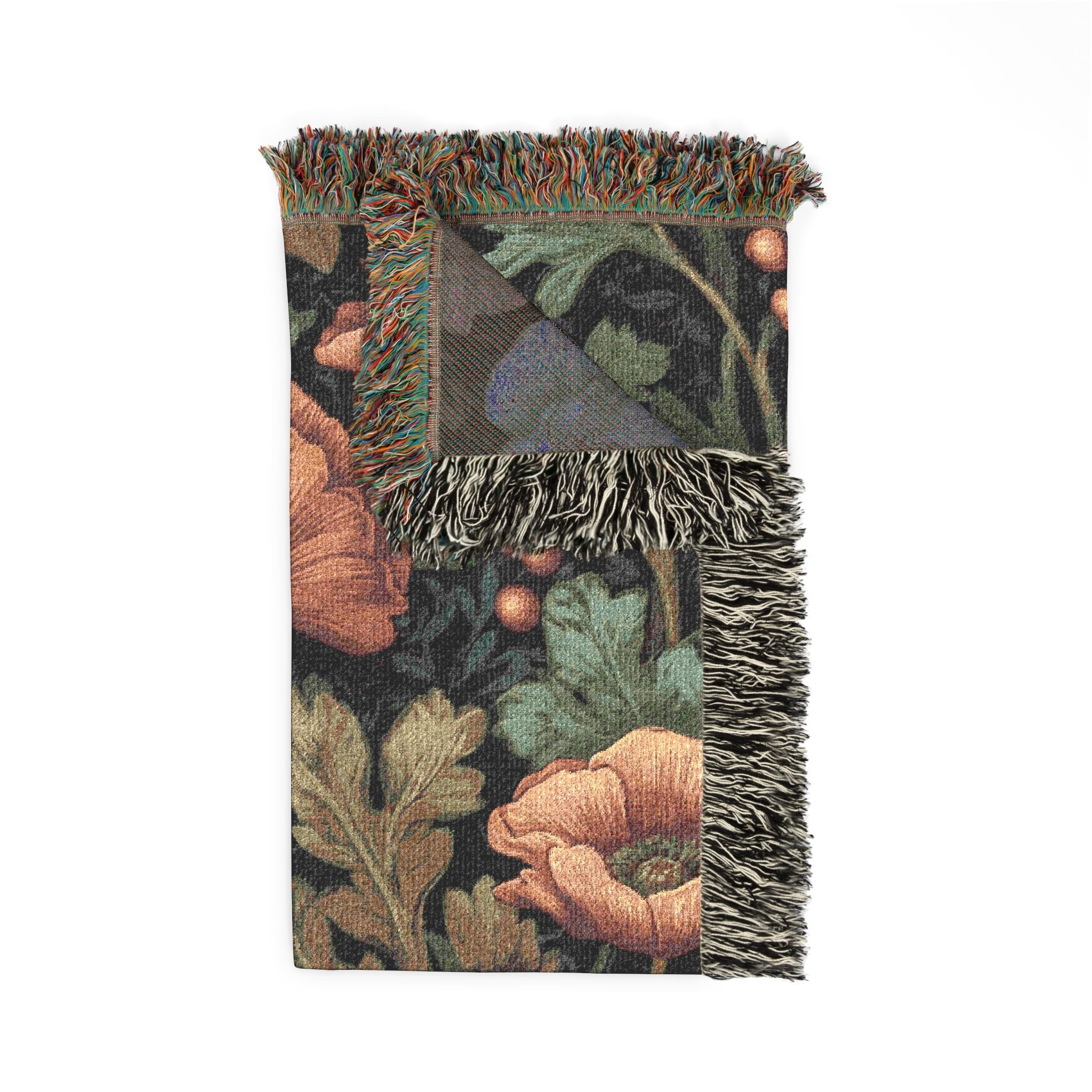 William Morris Poppy Garden Woven Blanket | Coral Orange & Teal Floral Throw