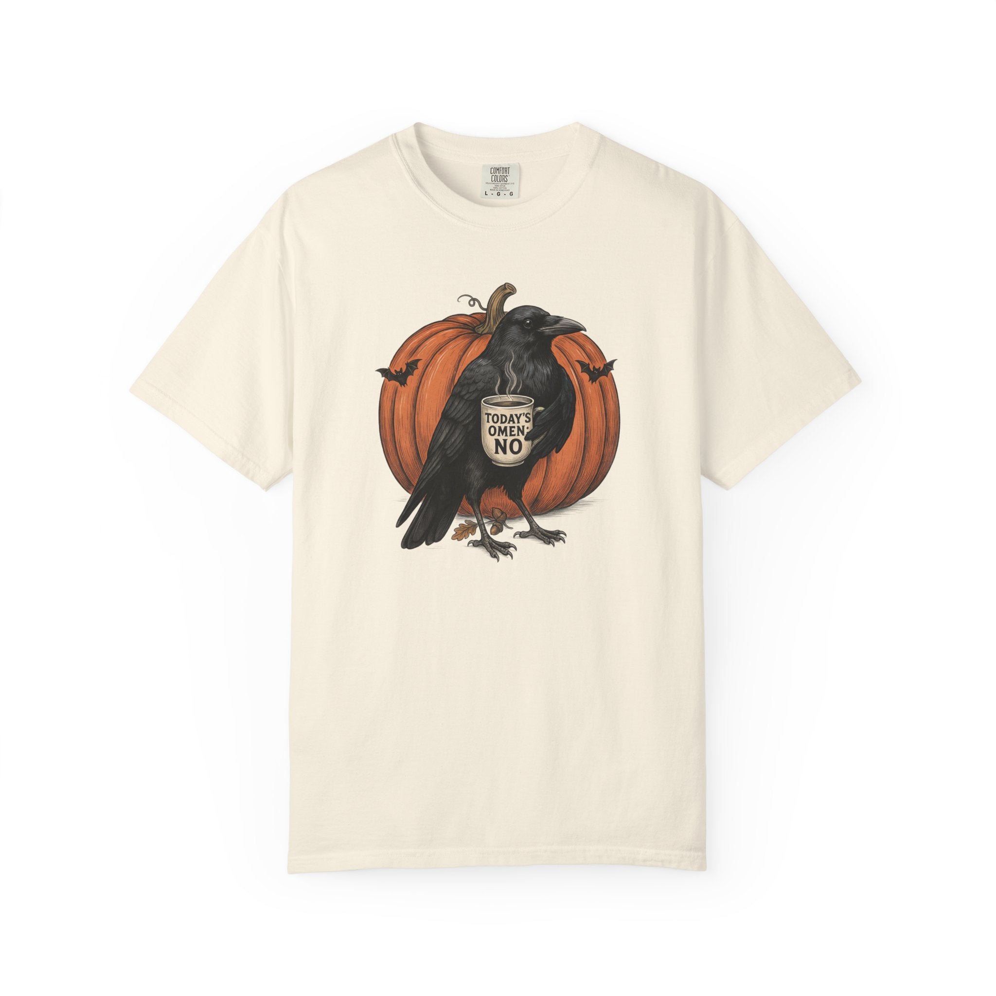 Crow with Coffee 'Today? Omen NO' Pumpkin T-Shirt | Halloween Raven Tee