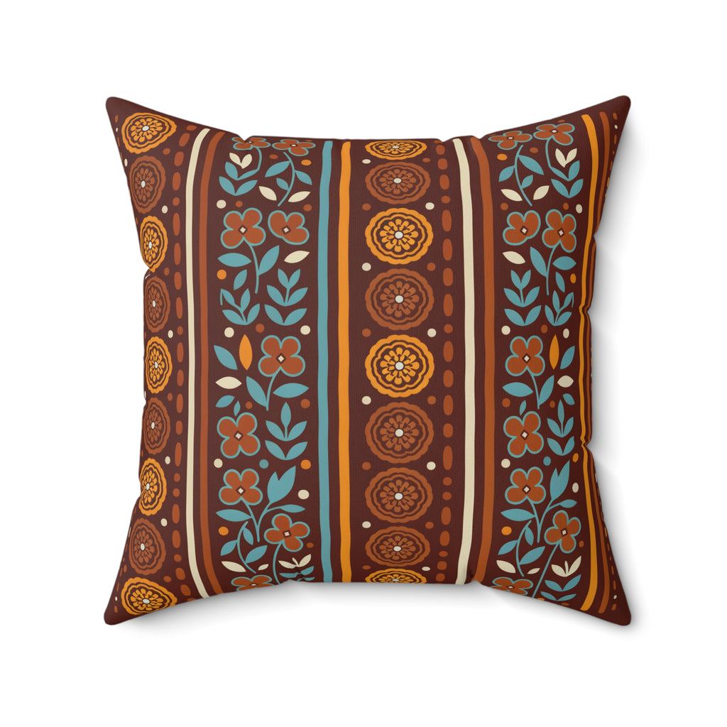 Rust and teal floral stripe faux suede accent pillow, alternate view