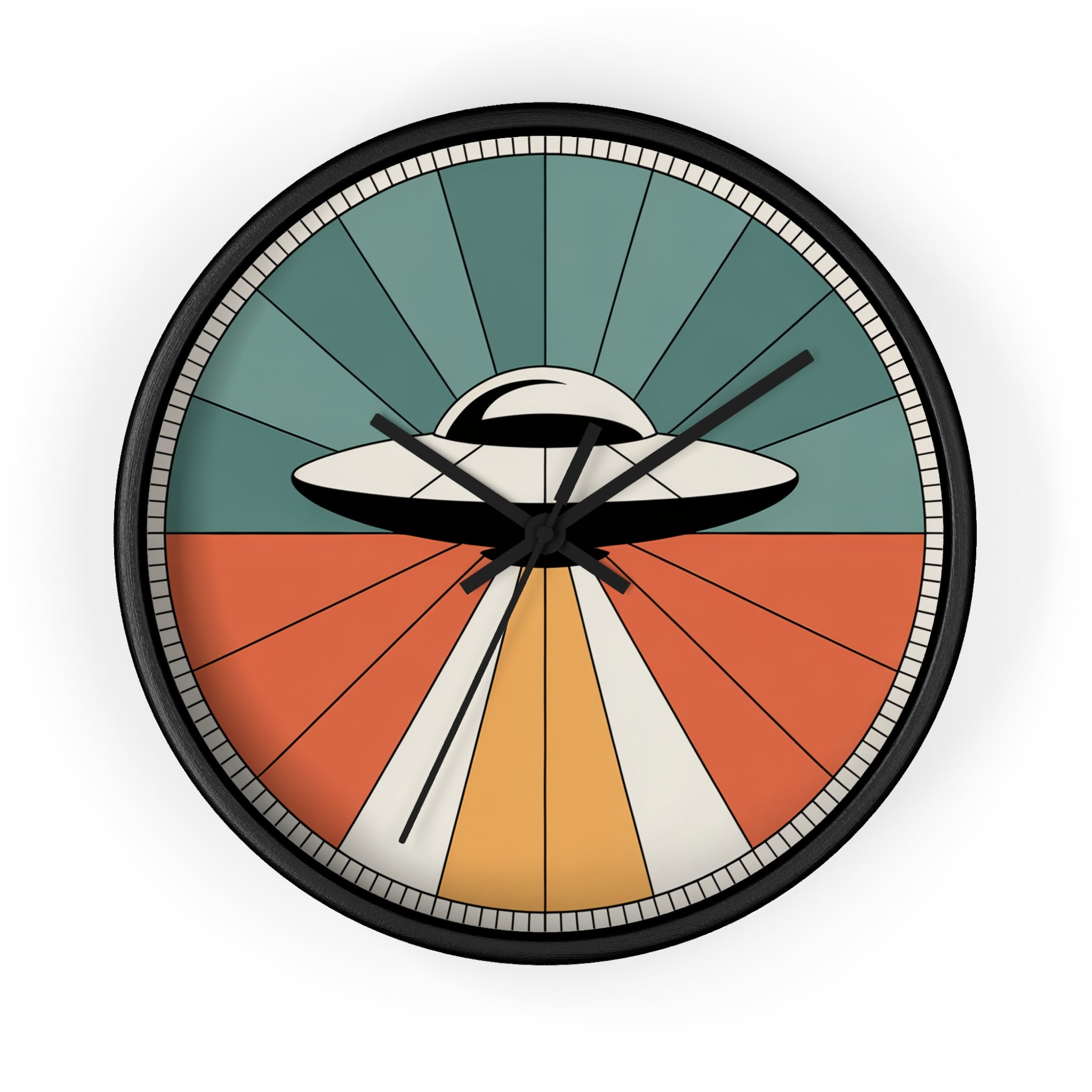 Mid Century Modern Clock, UFO Sunburst Wall Clock, 1950s Space Age Poster Style, Teal Orange Retro Sci Fi Decor, Atomic Starburst Dial