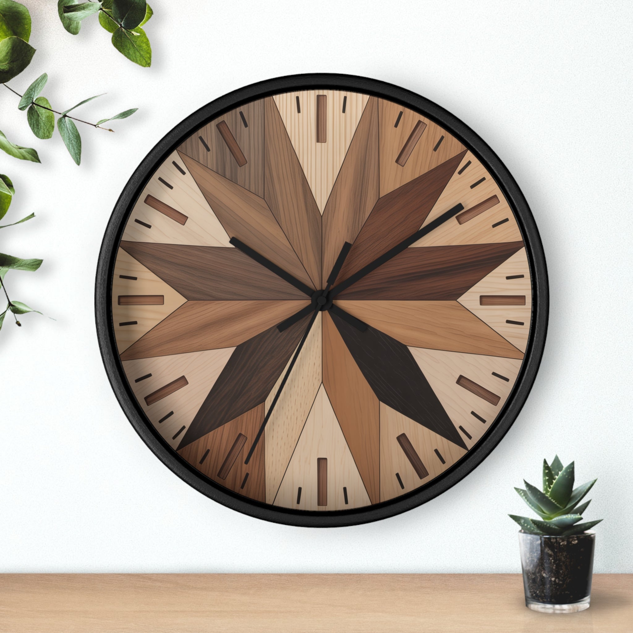 Mid Century Modern Clock Face Design, Maple Leaf Pattern, Marquetry-Style Pattern, Neutral Scandinavian Decor