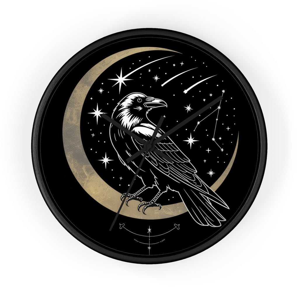 Raven Crescent Moon Wall Clock | Gothic Celestial Stars, Witchy Dark Academia