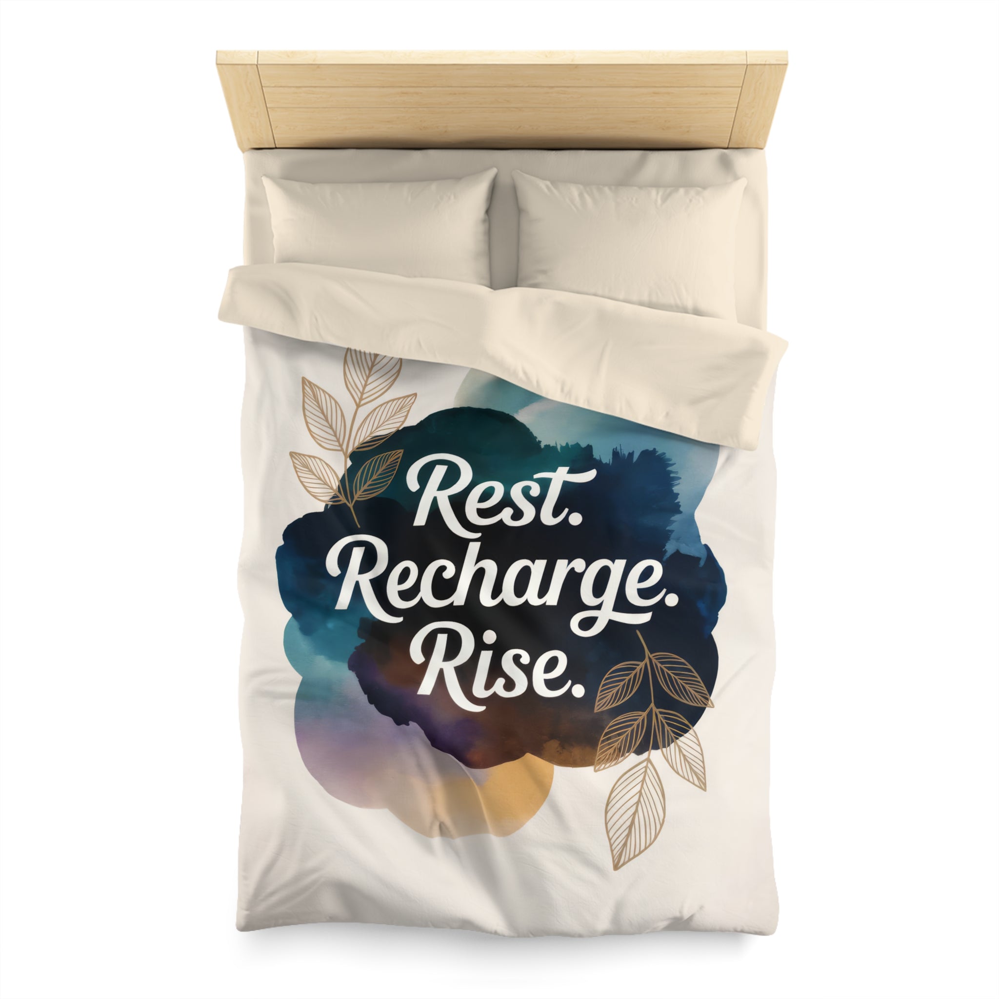 Rest Recharge Rise Duvet Cover | Watercolor Motivational Bedding | Navy Blue Botanical Comforter | Boho Decor | Twin XL Queen King