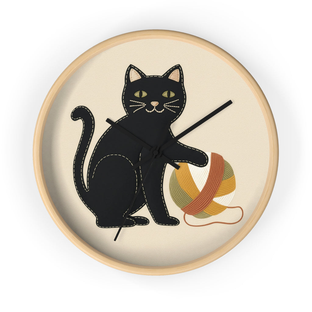 Black Cat Yarn Wall Clock, Modern Minimalist Cat Decor, Knitting & Crochet Lover Gift, Playful Nursery or Craft Room Clock