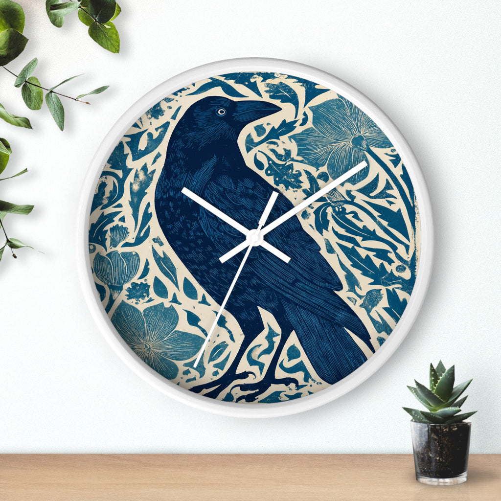 Linocut Raven Floral Wall Clock | Woodblock Style Vine Pattern