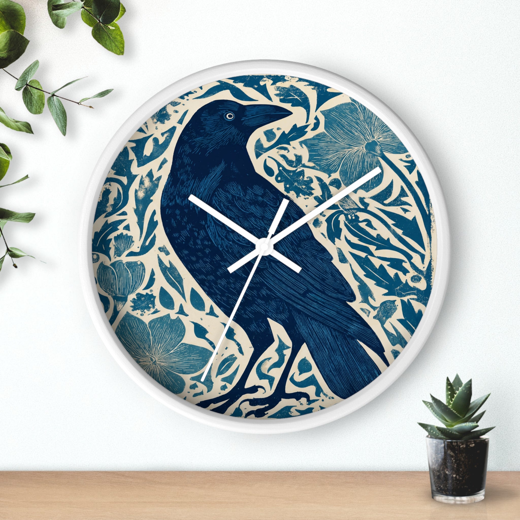 Linocut Raven Floral Wall Clock | Woodblock Style Vine Pattern