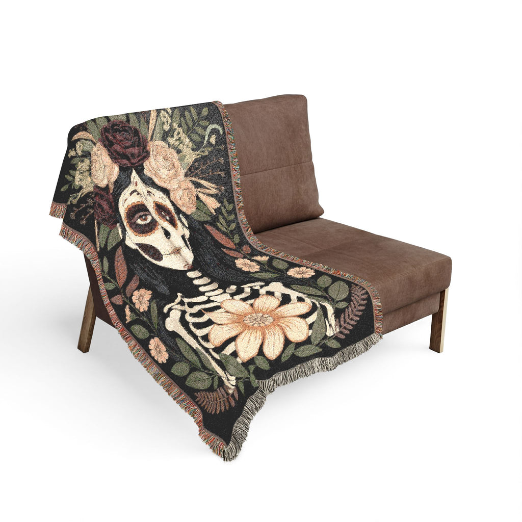 La Catrina Gothic Día de los Muertos Gothic Woven Blanket | Sugar Skull Botanical Throw