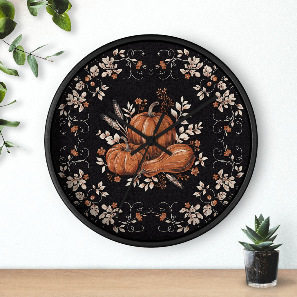 Autumn Pumpkin Wall Clock | Black Floral Fall Decor
