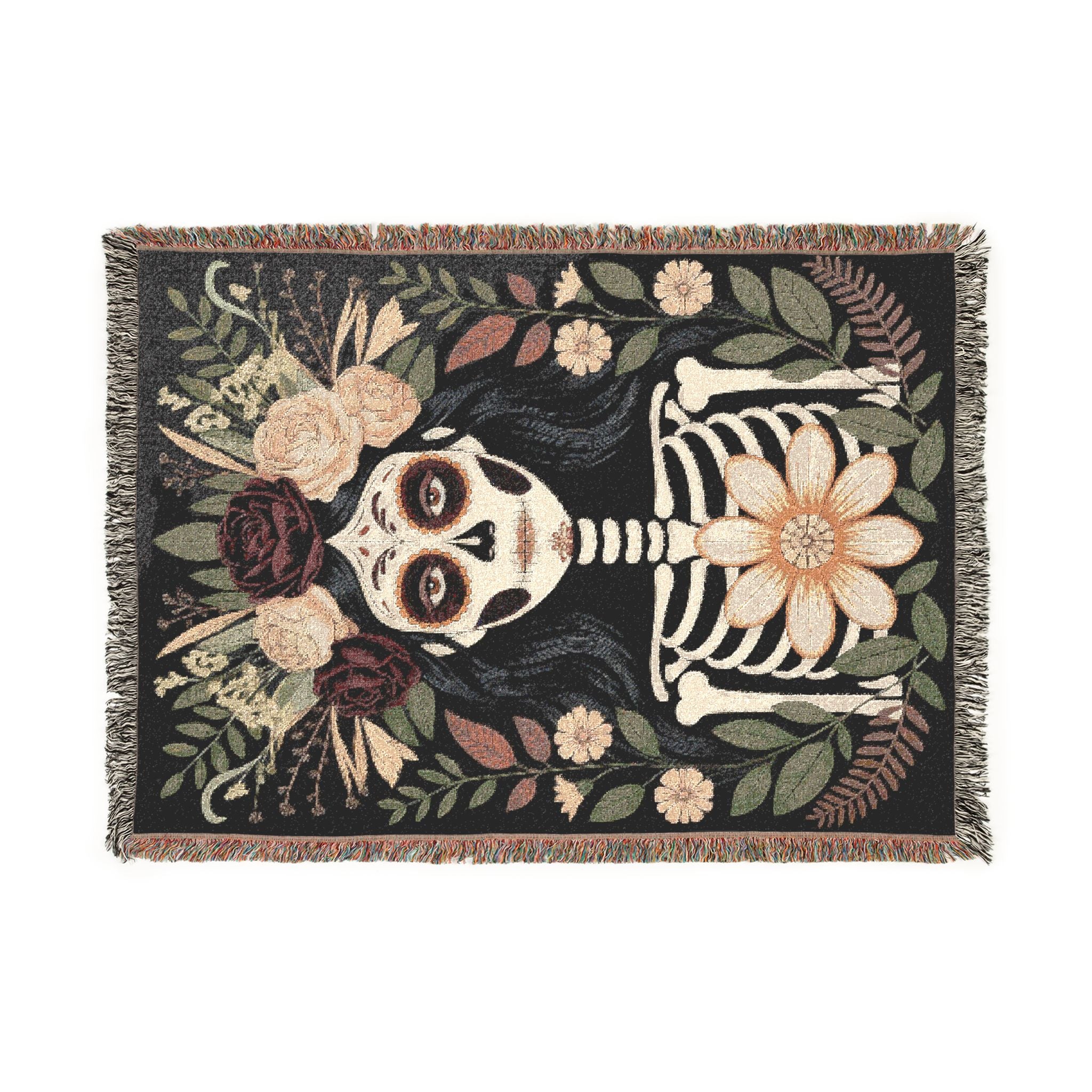 La Catrina Gothic Día de los Muertos Gothic Woven Blanket | Sugar Skull Botanical Throw