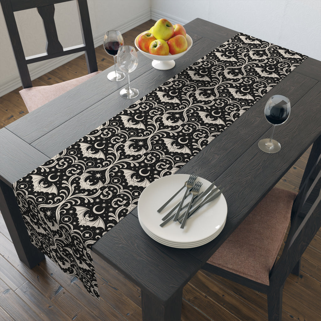 Black bat damask table runner styled on a dining table