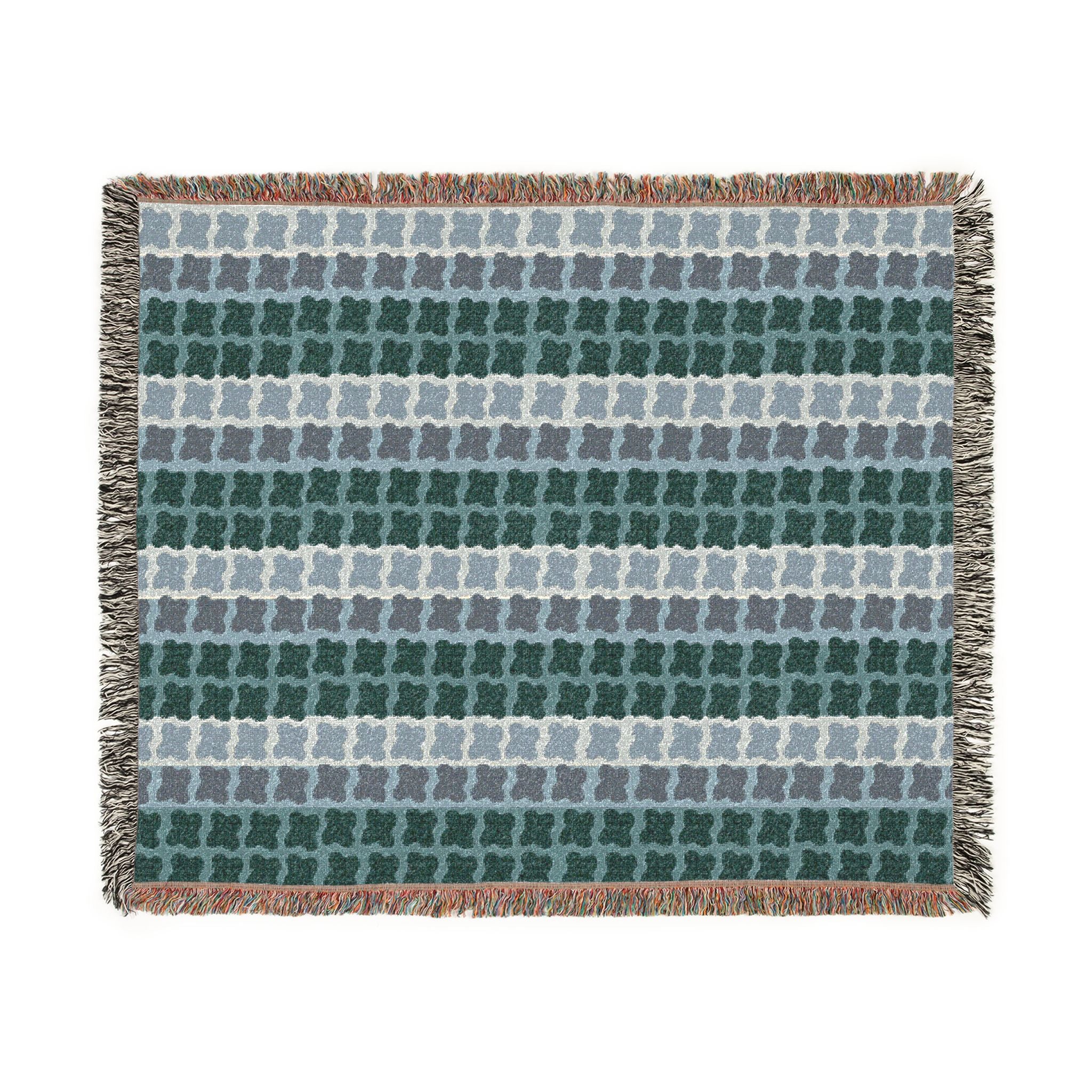 Mid Century Modern Cotton Throw Blanket | 1960s Inspired Geometric Pattern | Retro Green Sofa Throw with Fringe