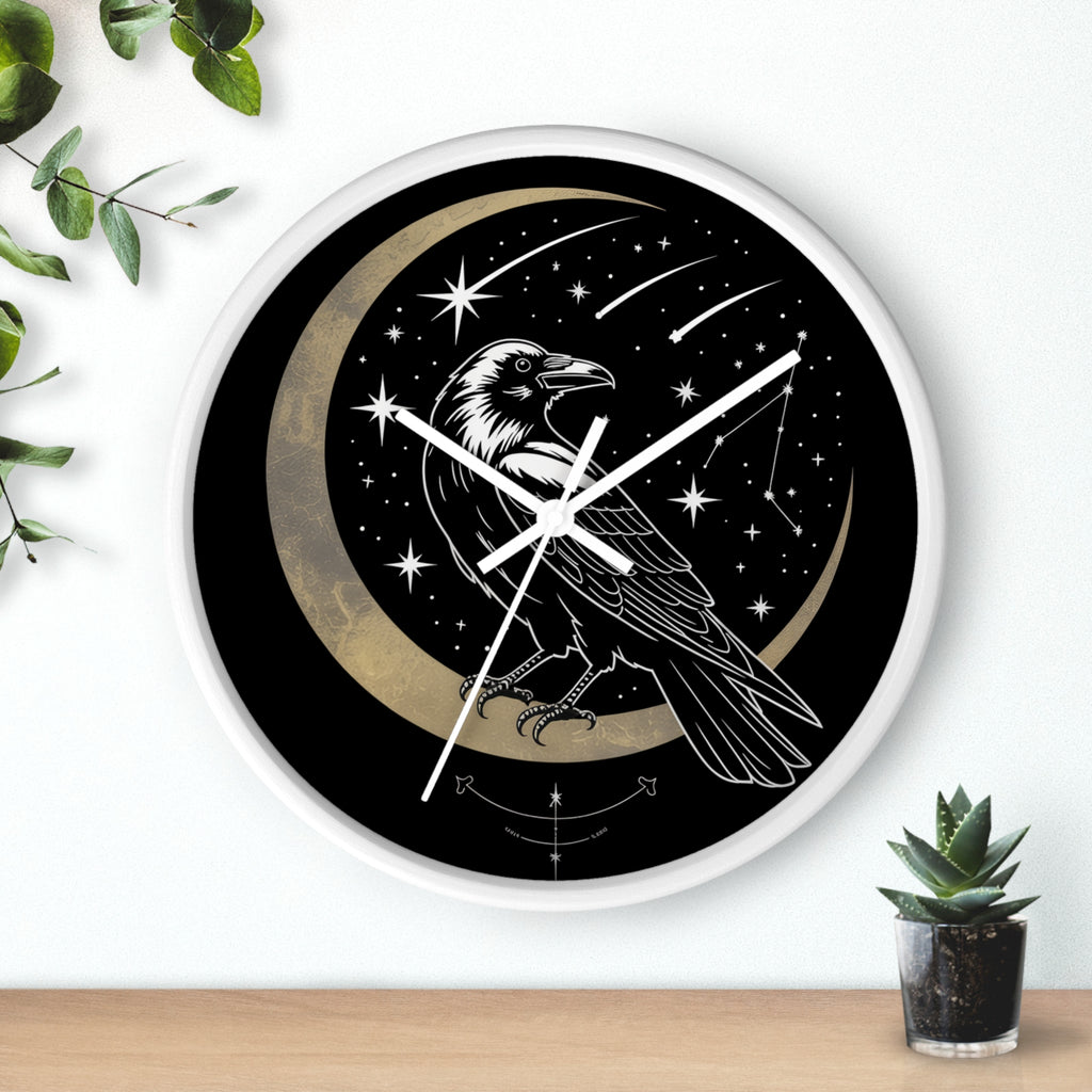 Raven Crescent Moon Wall Clock | Gothic Celestial Stars, Witchy Dark Academia