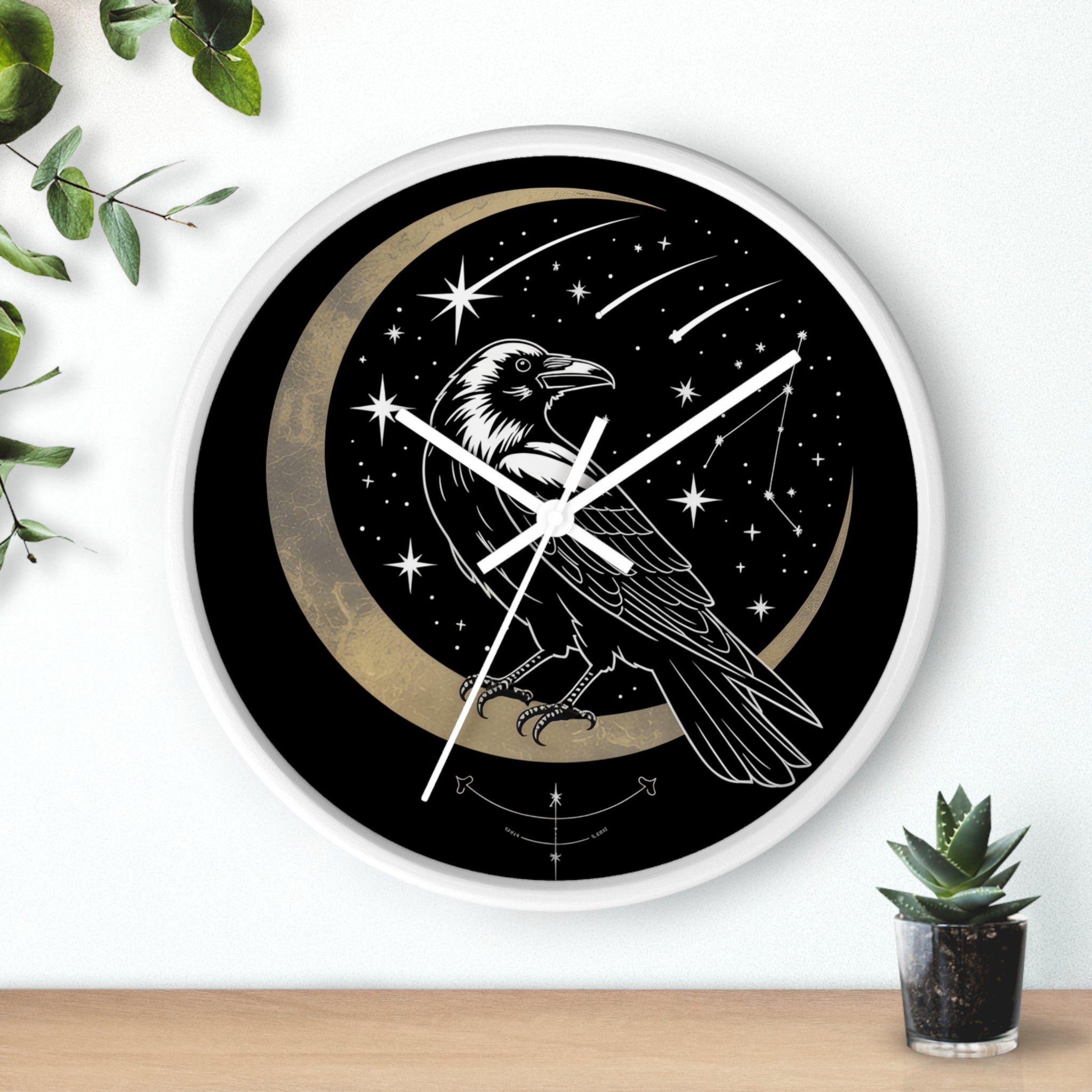 Raven Crescent Moon Wall Clock | Gothic Celestial Stars, Witchy Dark Academia