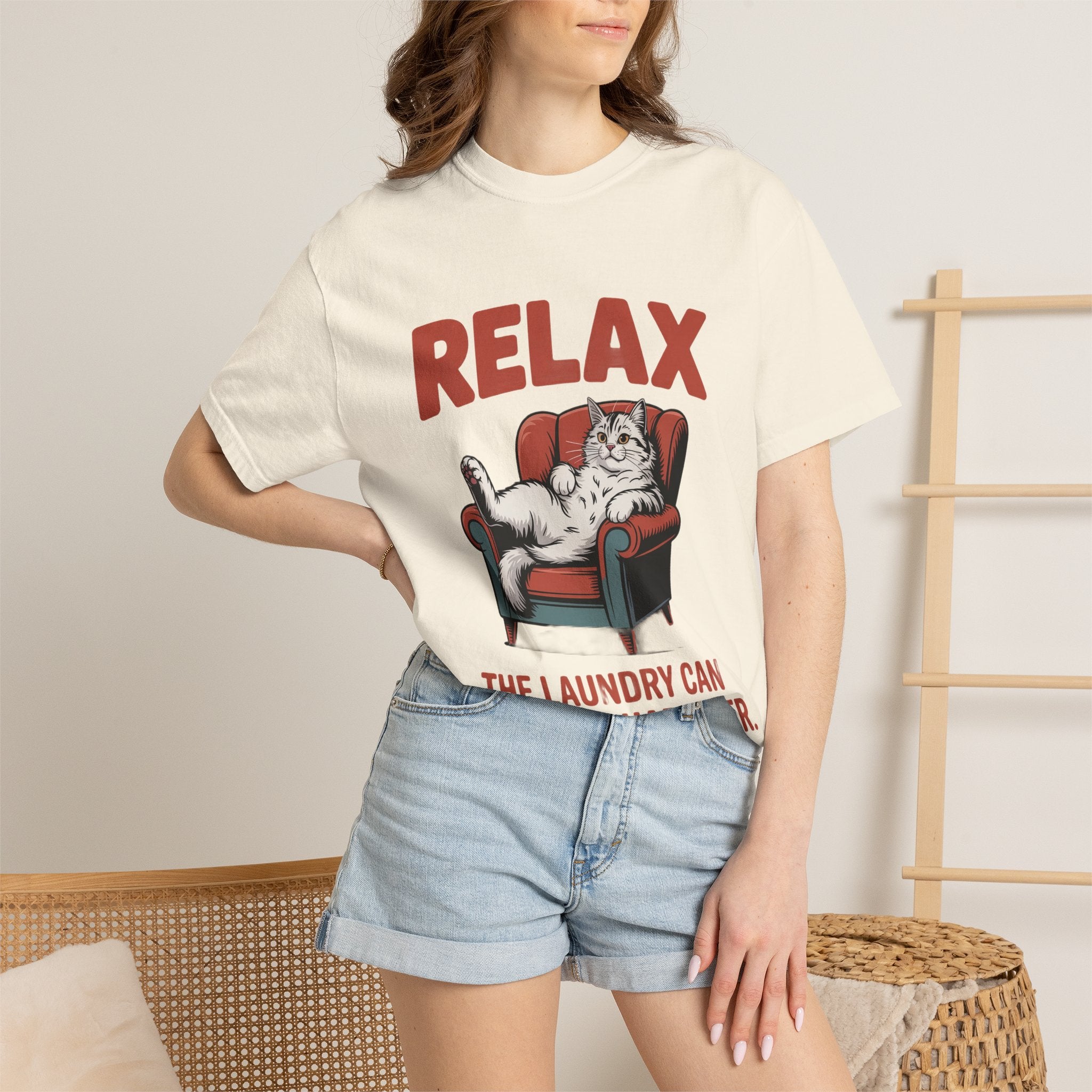 Funny Cat Shirt, Relax The Laundry Can Develop Character Tee, Retro Cat Lover Gift, Vintage Lazy Cat Graphic