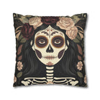 Gothic La Catrina Throw Pillow | Faux Suede Sugar Skull Cushion Cover, Dark Boho Decor