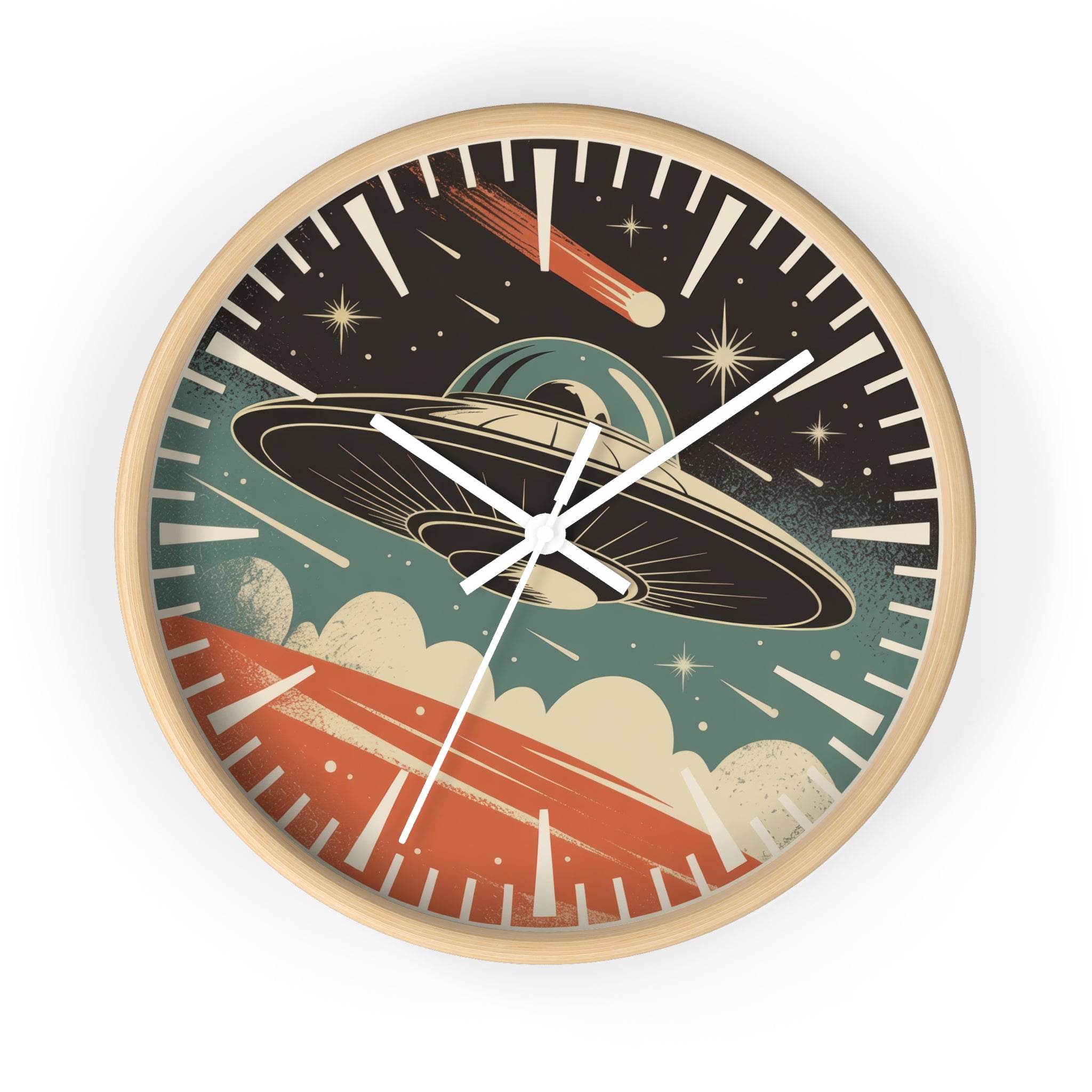 Mid Century Modern Clock, Vintage UFO Wall Clock, Retro Sci Fi Space Decor, 1950s Pulp Magazine Style, Flying Saucer Starburst Clock