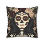 Gothic La Catrina Throw Pillow | Faux Suede Sugar Skull Cushion Cover, Dark Boho Decor