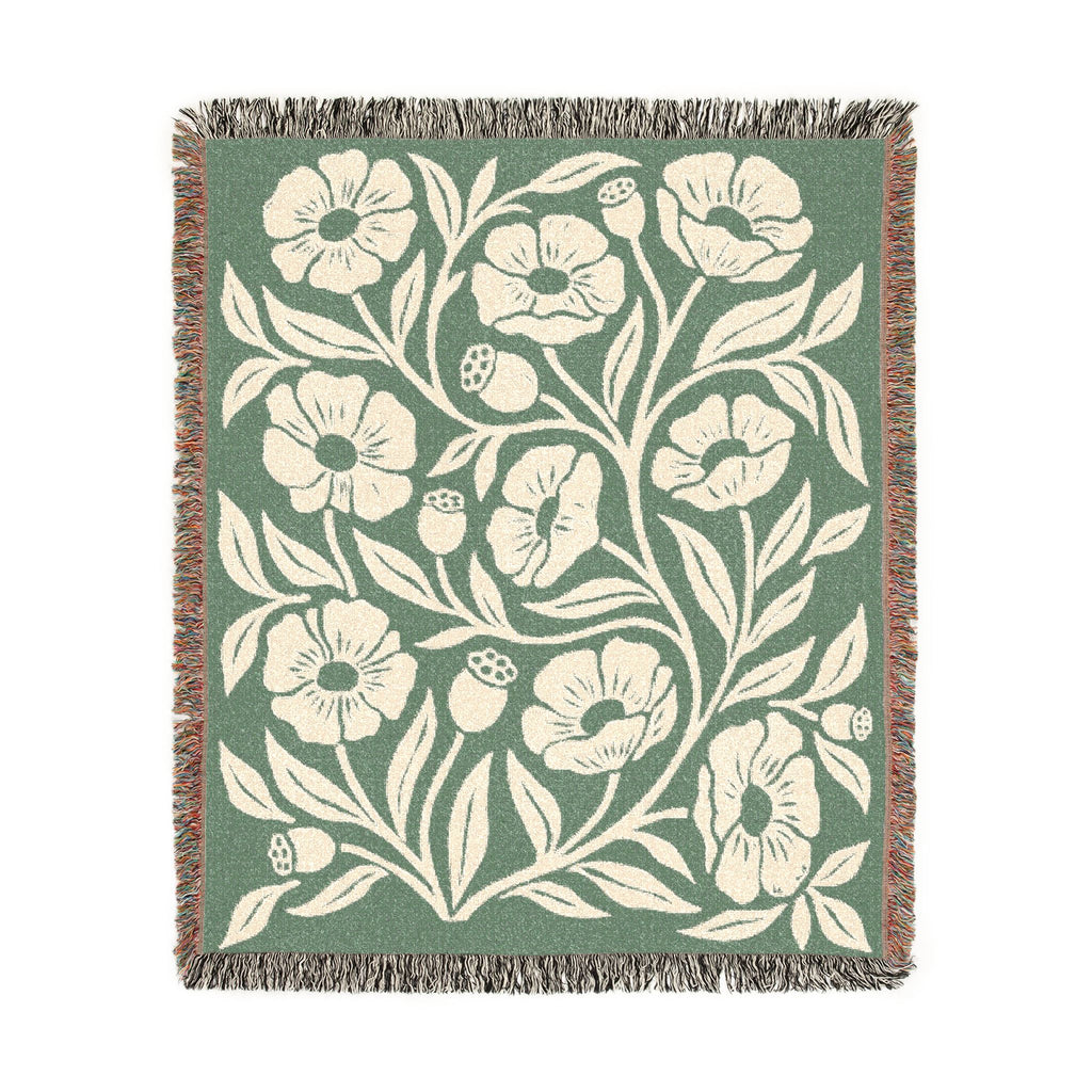 Botanical Floral Pattern Woven Blanket | Green Sage Cream Flower Throw