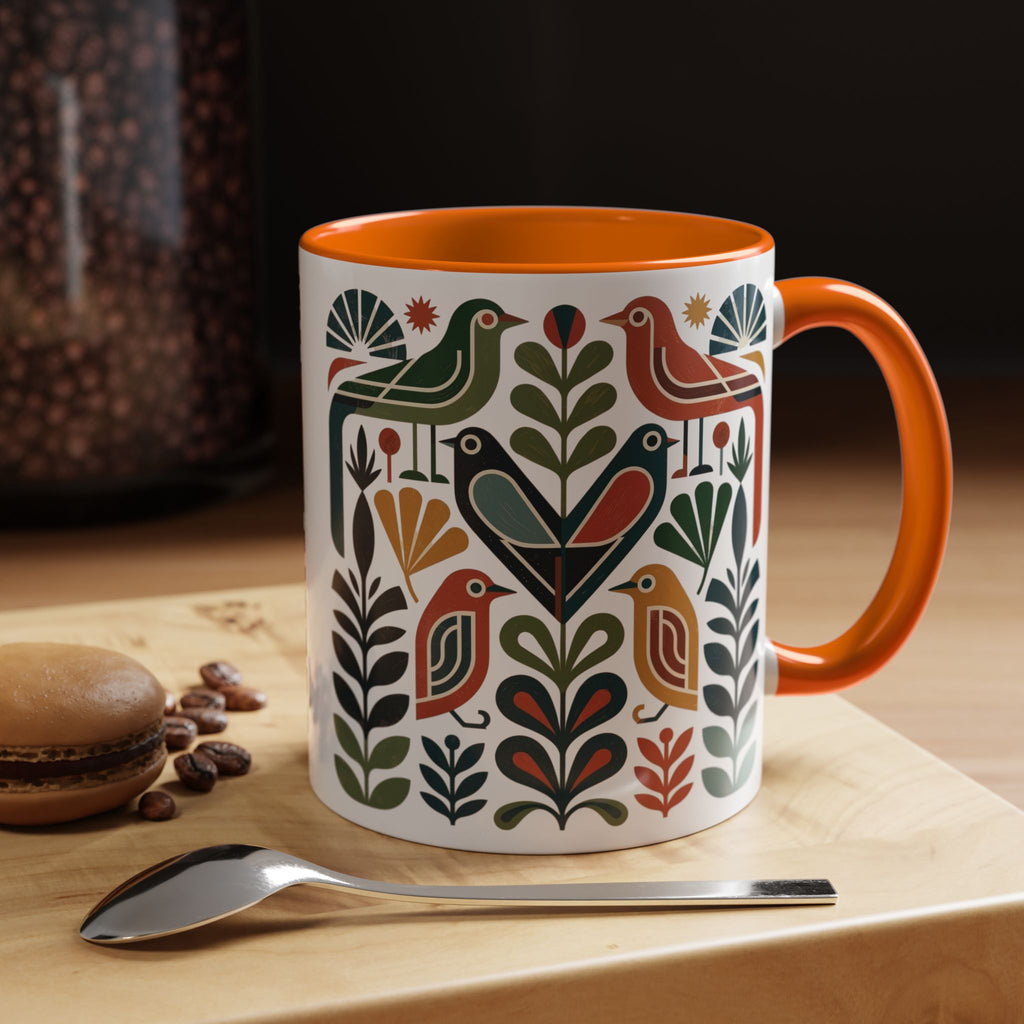 Scandinavian Folk Bird Accent Mug | Colorful Botanical Coffee Cup