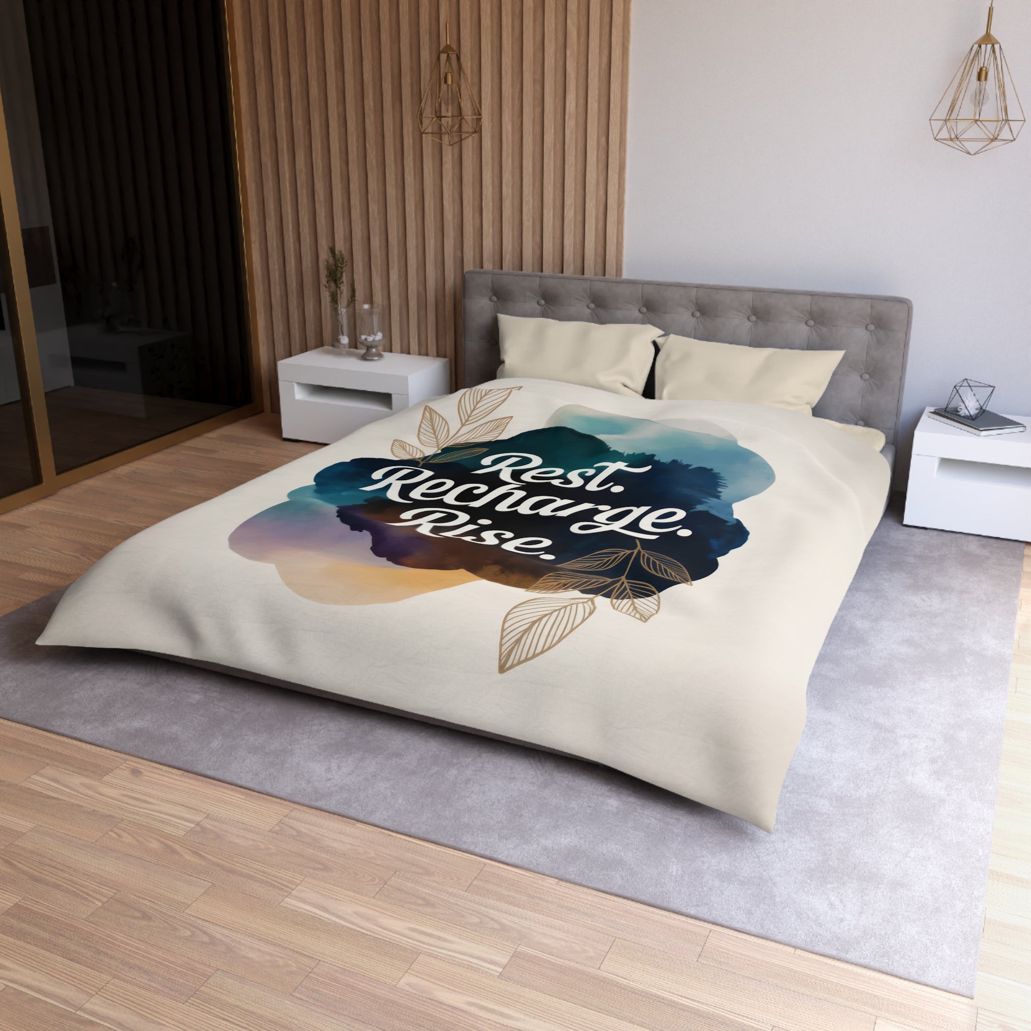 Rest Recharge Rise Duvet Cover | Watercolor Motivational Bedding | Navy Blue Botanical Comforter | Boho Decor | Twin XL Queen King