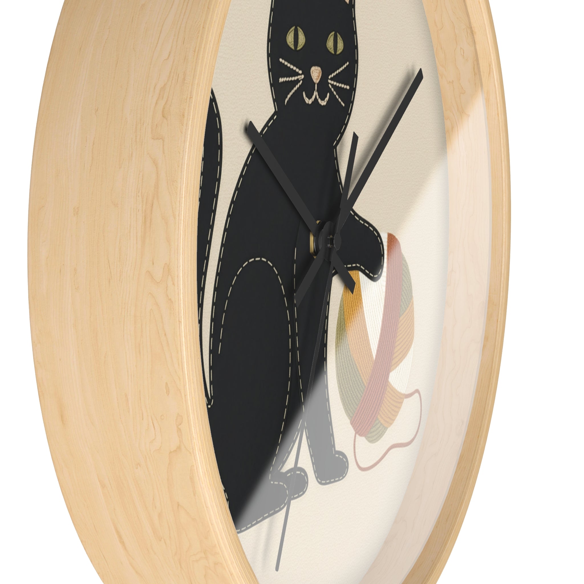 Black Cat Yarn Wall Clock, Modern Minimalist Cat Decor, Knitting & Crochet Lover Gift, Playful Nursery or Craft Room Clock