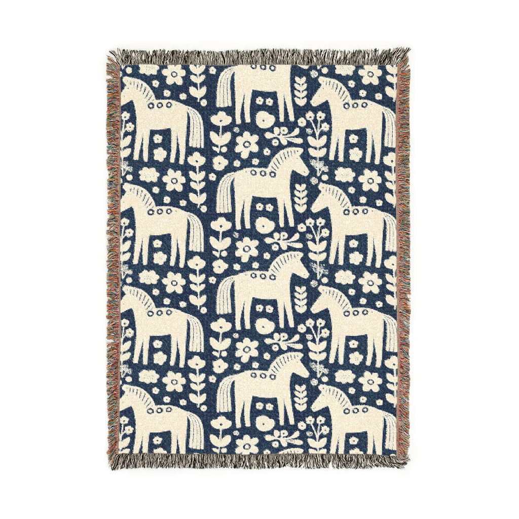 Scandinavian Dala Horse Woven Throw Blanket  | Nordic Folk Art Throw