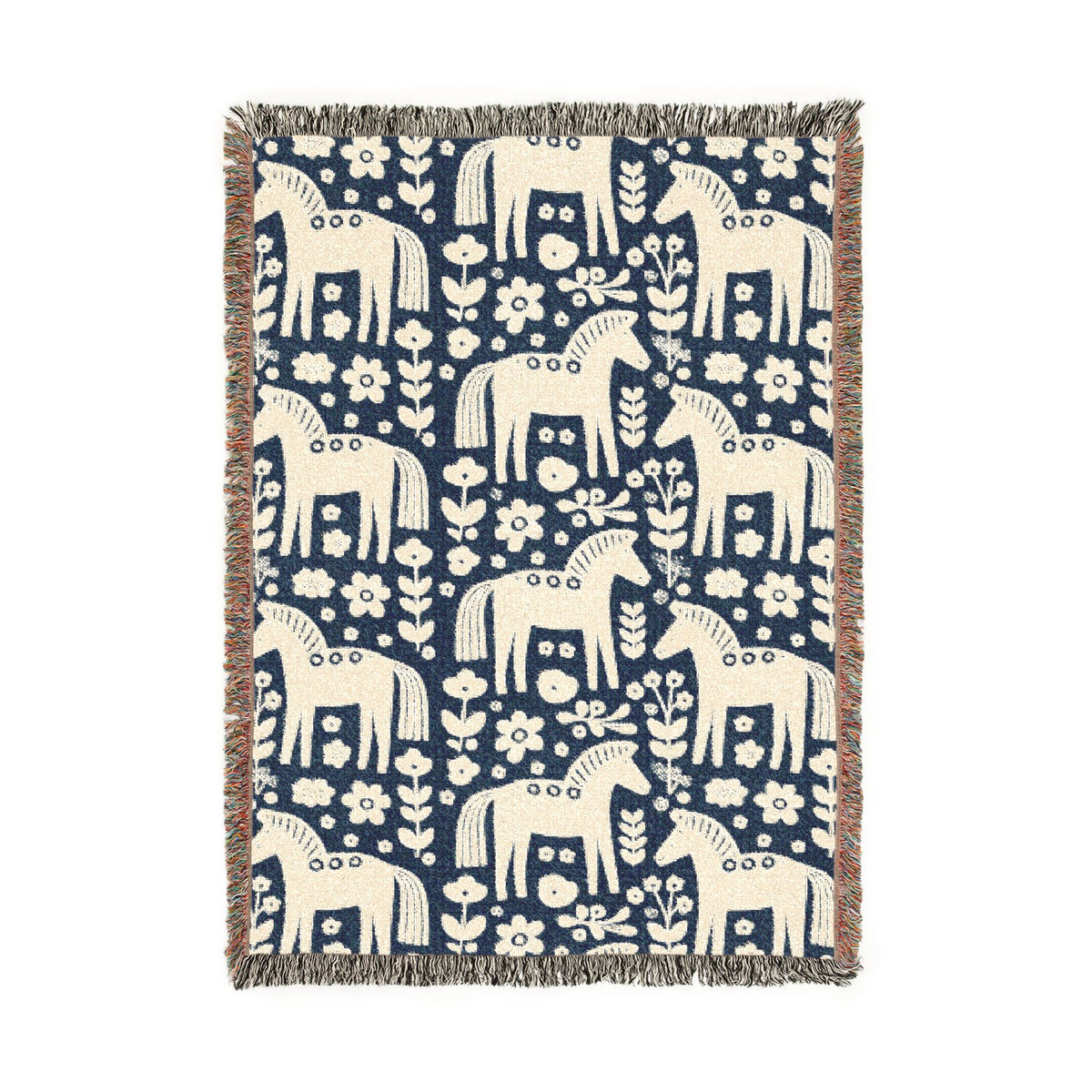 Scandinavian Dala Horse Woven Throw Blanket  | Nordic Folk Art Throw