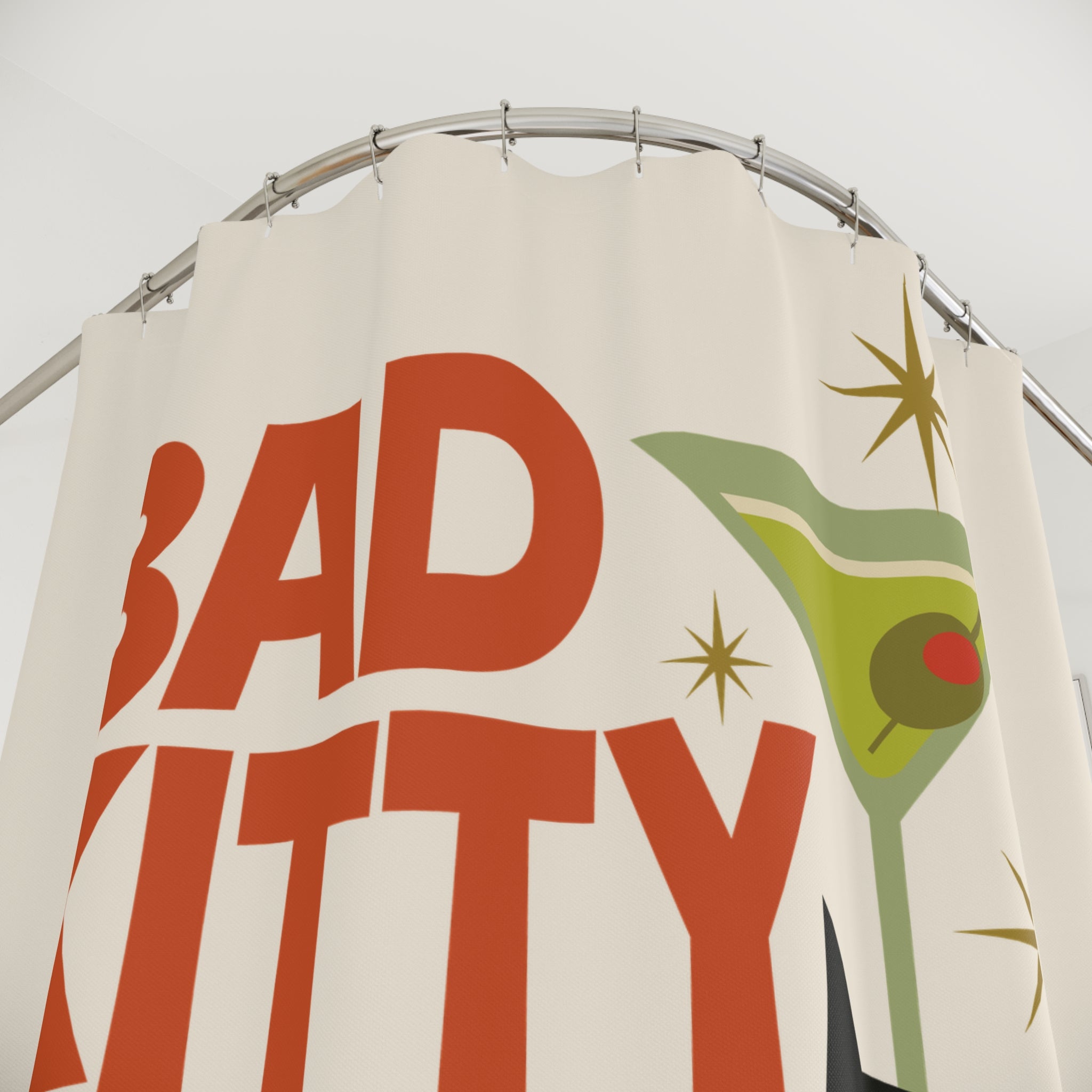 Bad Kitty Black Cat Martini Mid Century Modern Shower Curtain