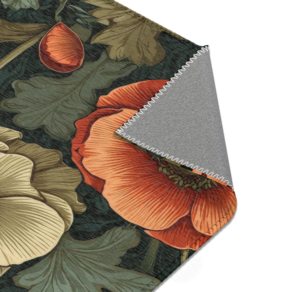 William Morris Botanical Poppy Area Rug | Coral Orange, Teal Green Arts & Crafts