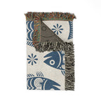 Blue Scandinavian Fish Woven Blanket | Nordic Folk Art Throw