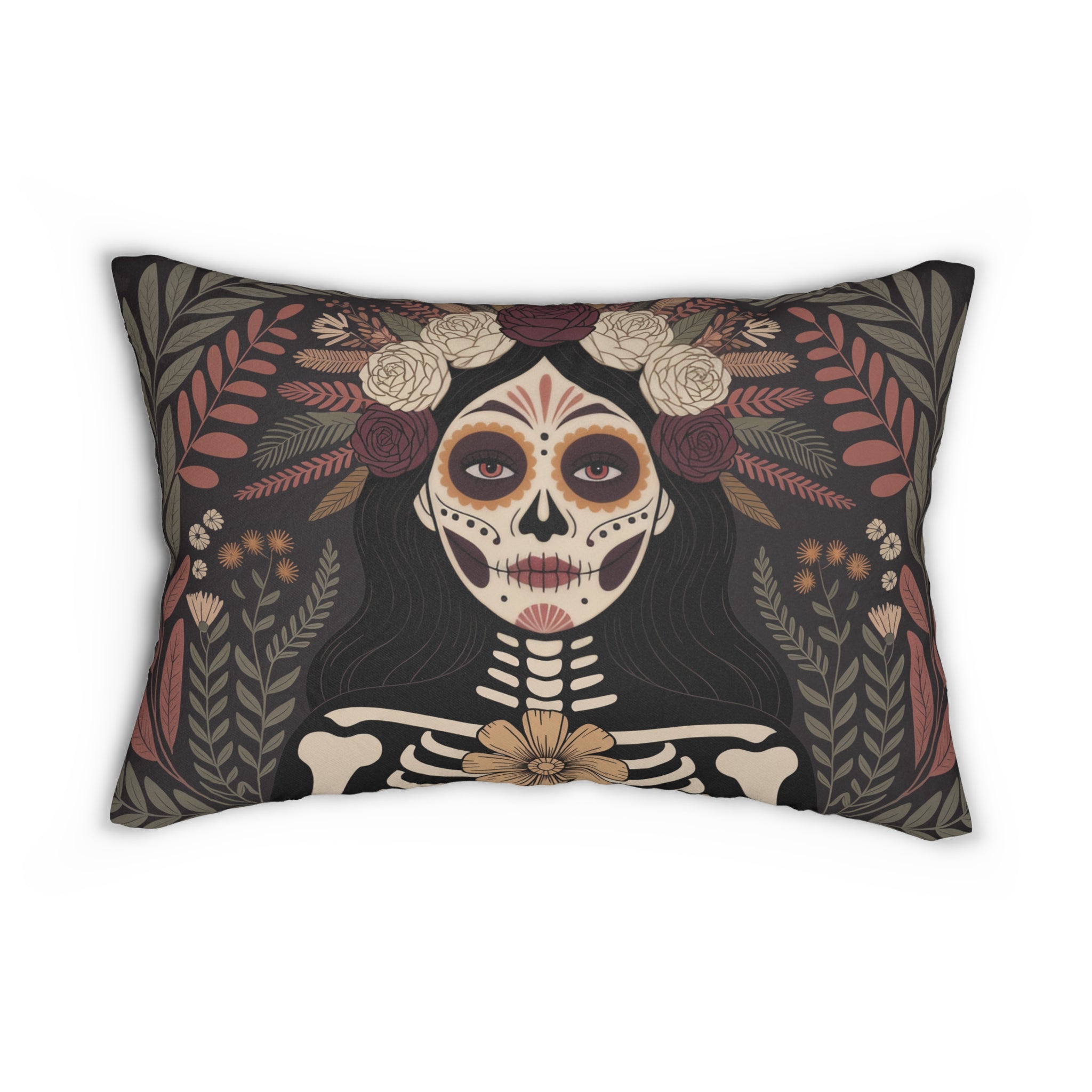 La Catrina Skull Gothic Lumbar Pillow | Day of the Dead Charcoal Burgundy