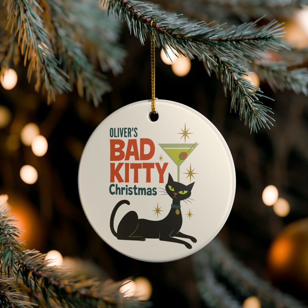 Personalized Bad Kitty black cat Christmas ceramic ornament