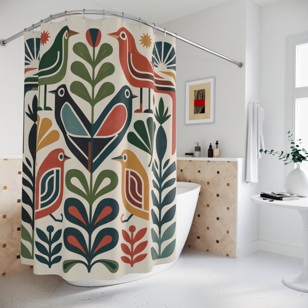 Shower Curtain | Folk Bird Mid Century Boho Design | Boho Home Decor Gift