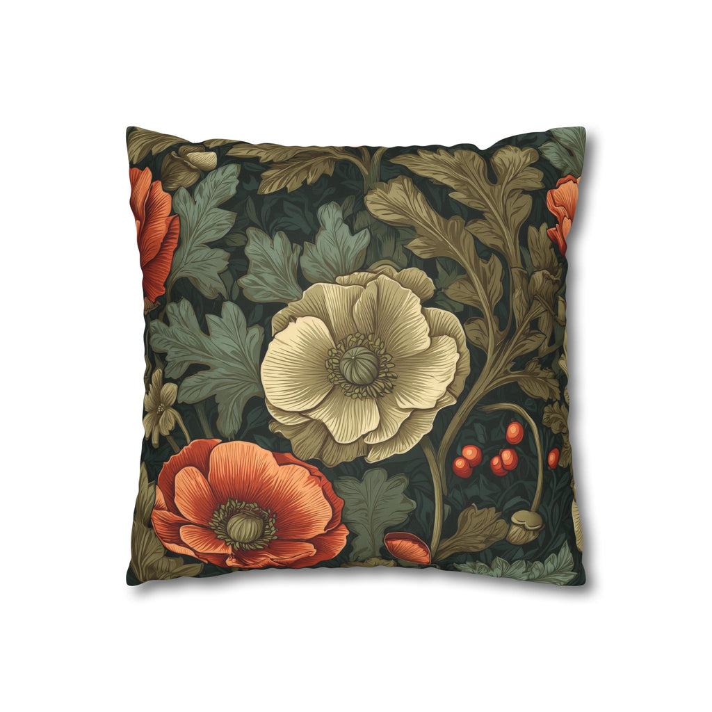 William Morris Inspired Poppy Garden Faux Suede Square Pillowcase