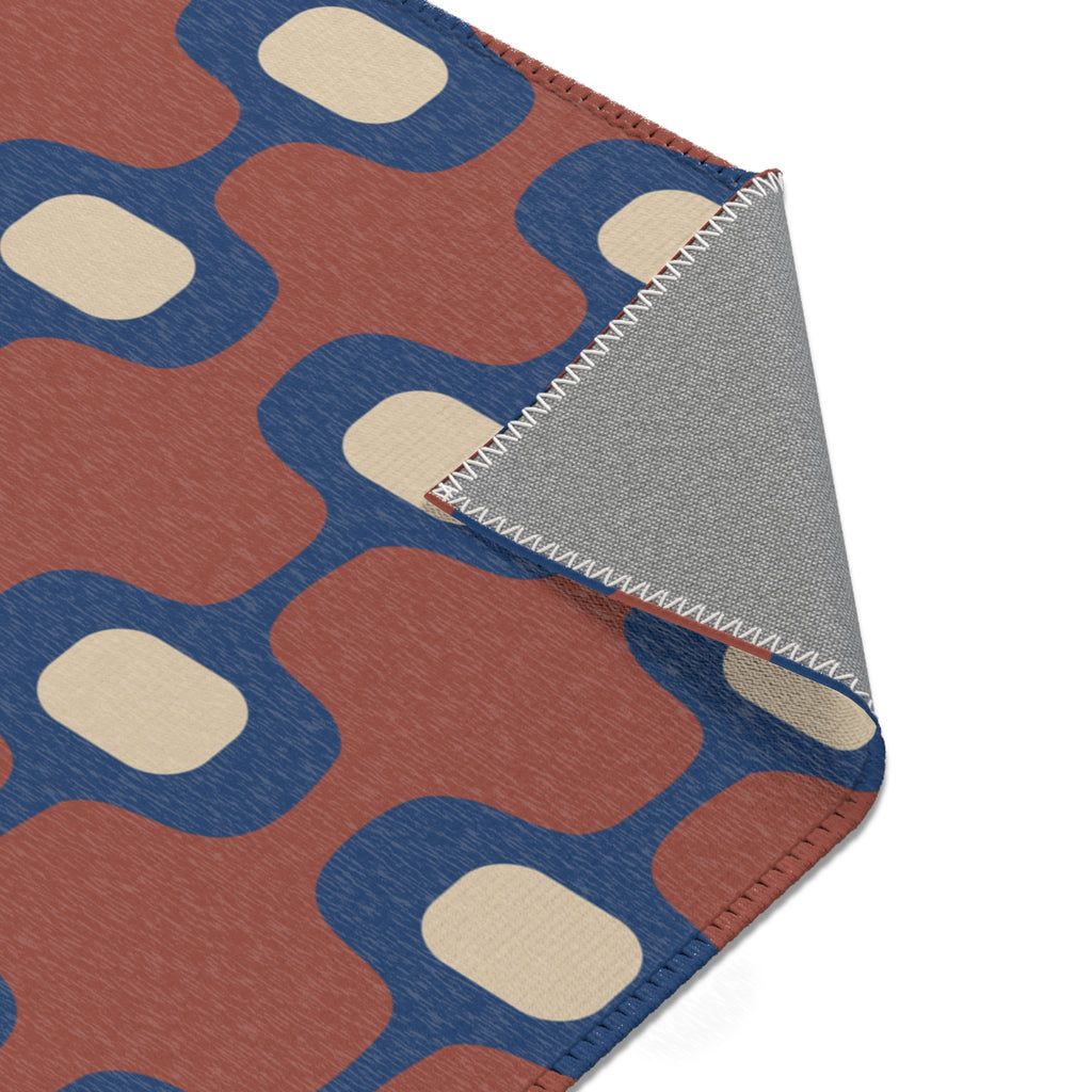 Mid-Century Geometric Area Rug | Retro Hourglass Pattern in Blue Terracotta Cream