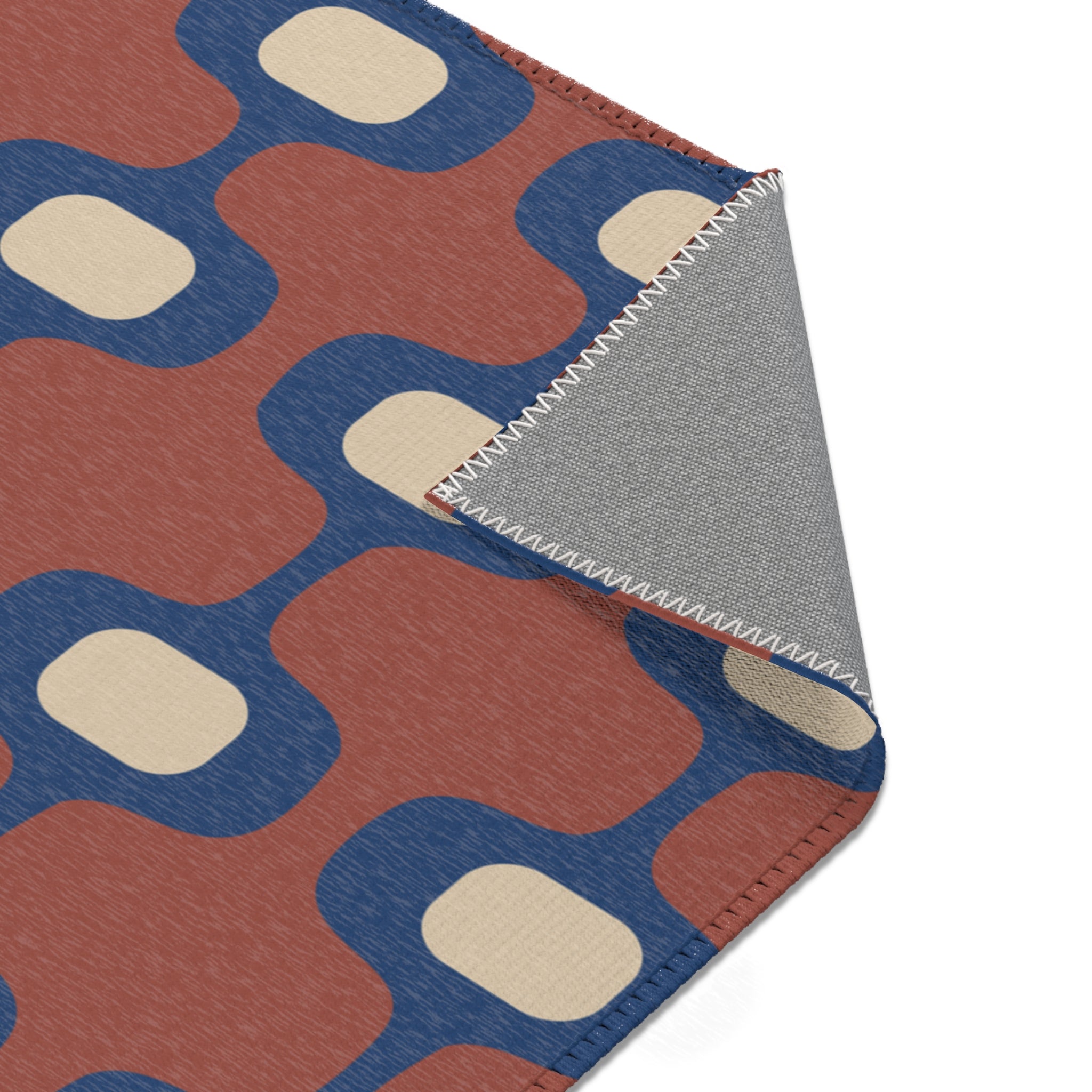 Mid-Century Geometric Area Rug | Retro Hourglass Pattern in Blue Terracotta Cream