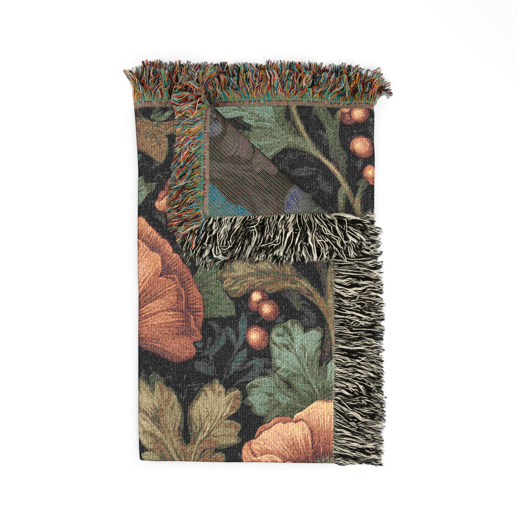 William Morris Poppy Garden Woven Blanket | Coral Orange & Teal Floral Throw