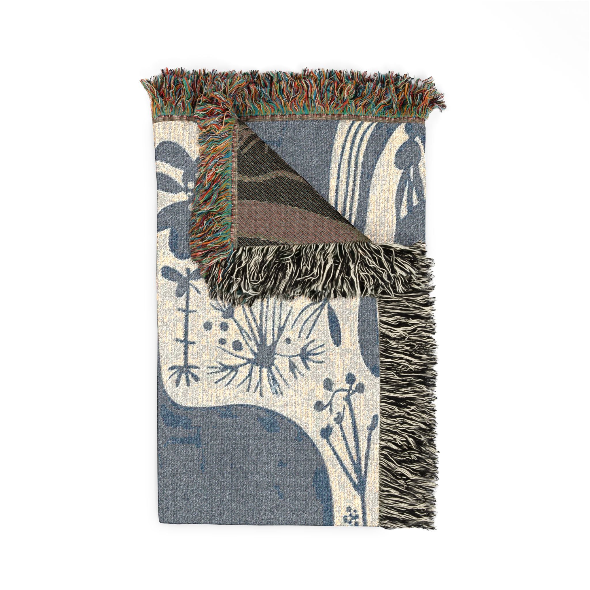 Scandinavian Horse Pattern Woven Blanket | Blue Cream Folk Art Tapestry