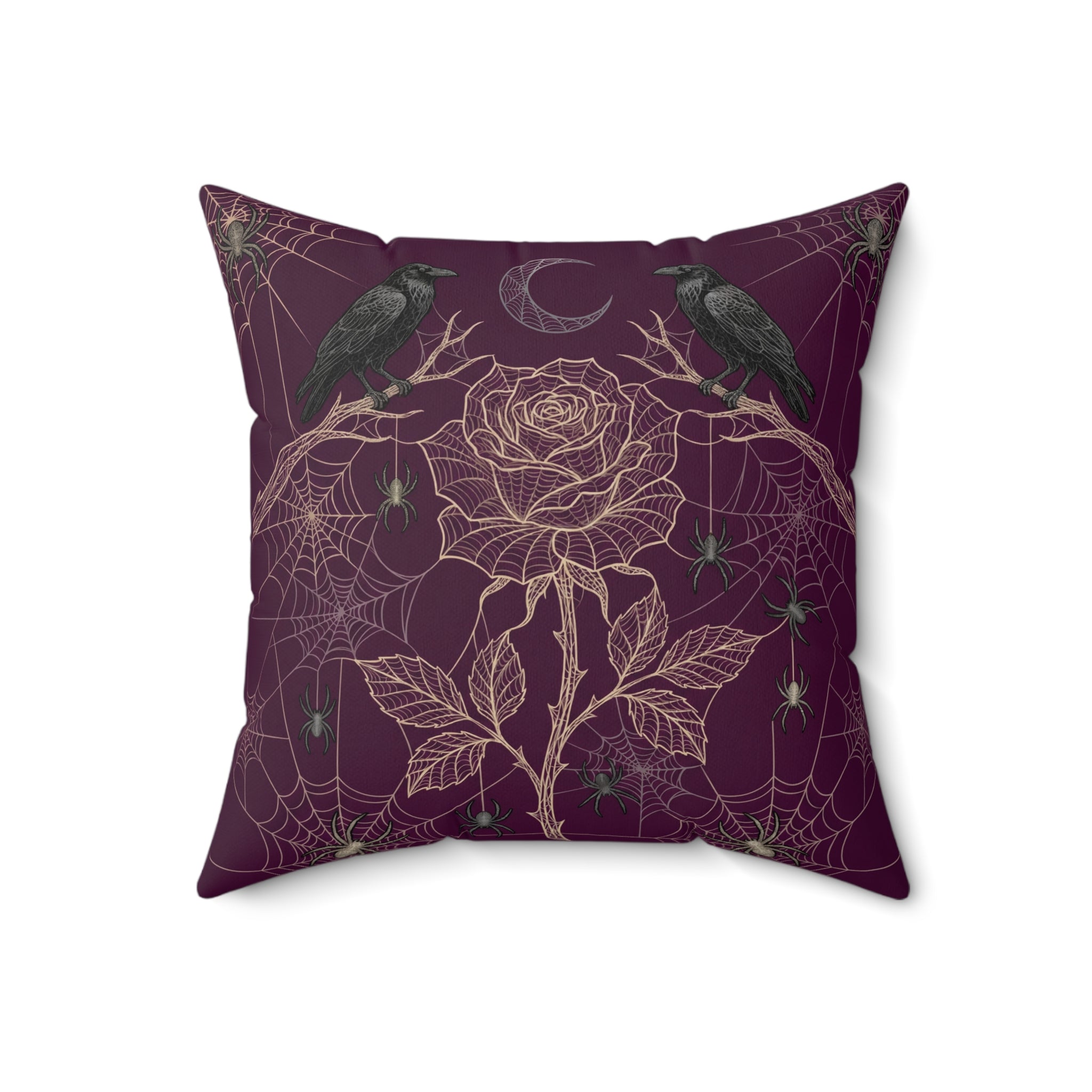 Gothic Spiderweb Rose Pillow | Burgundy Decorative Throw Pillow