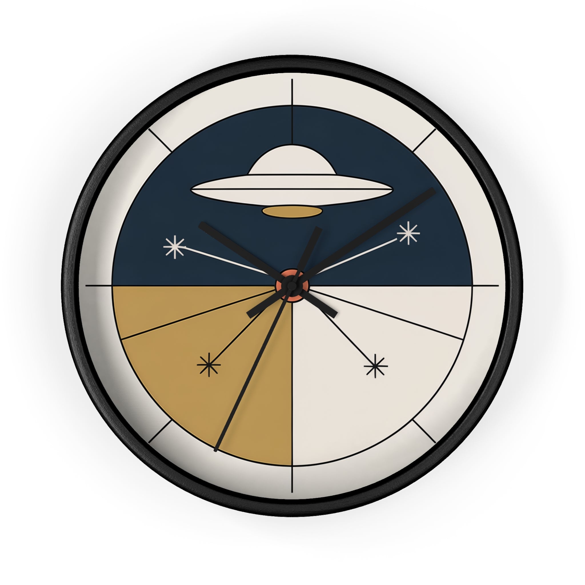 Mid Century Modern Clock, Geometric UFO Wall Clock, Atomic Constellation Design, Minimal Space Age Decor, Navy Cream Brass Clock