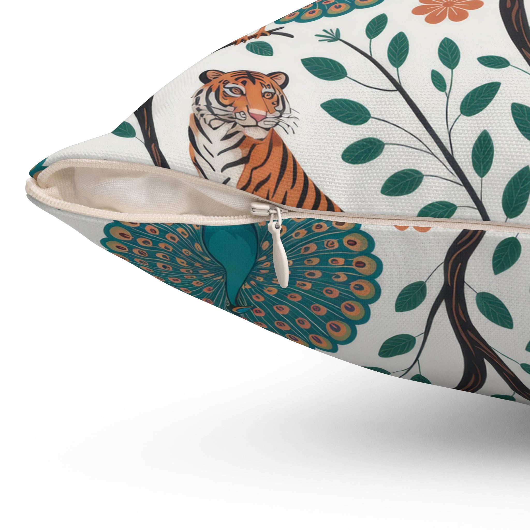 Tiger and Peacock Throw Pillow | Botanical Animal Print Square Pillow