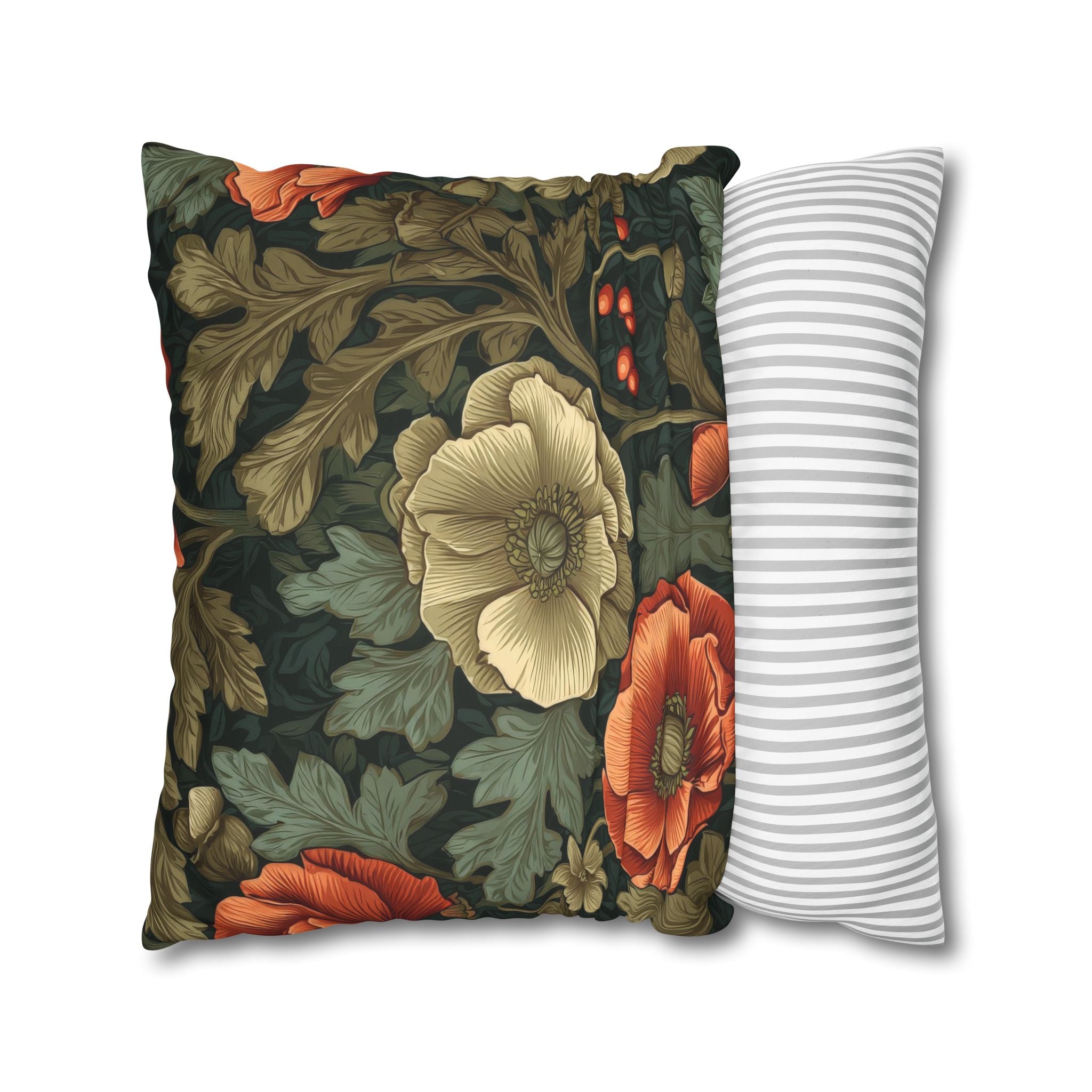 William Morris Inspired Poppy Garden Faux Suede Square Pillowcase