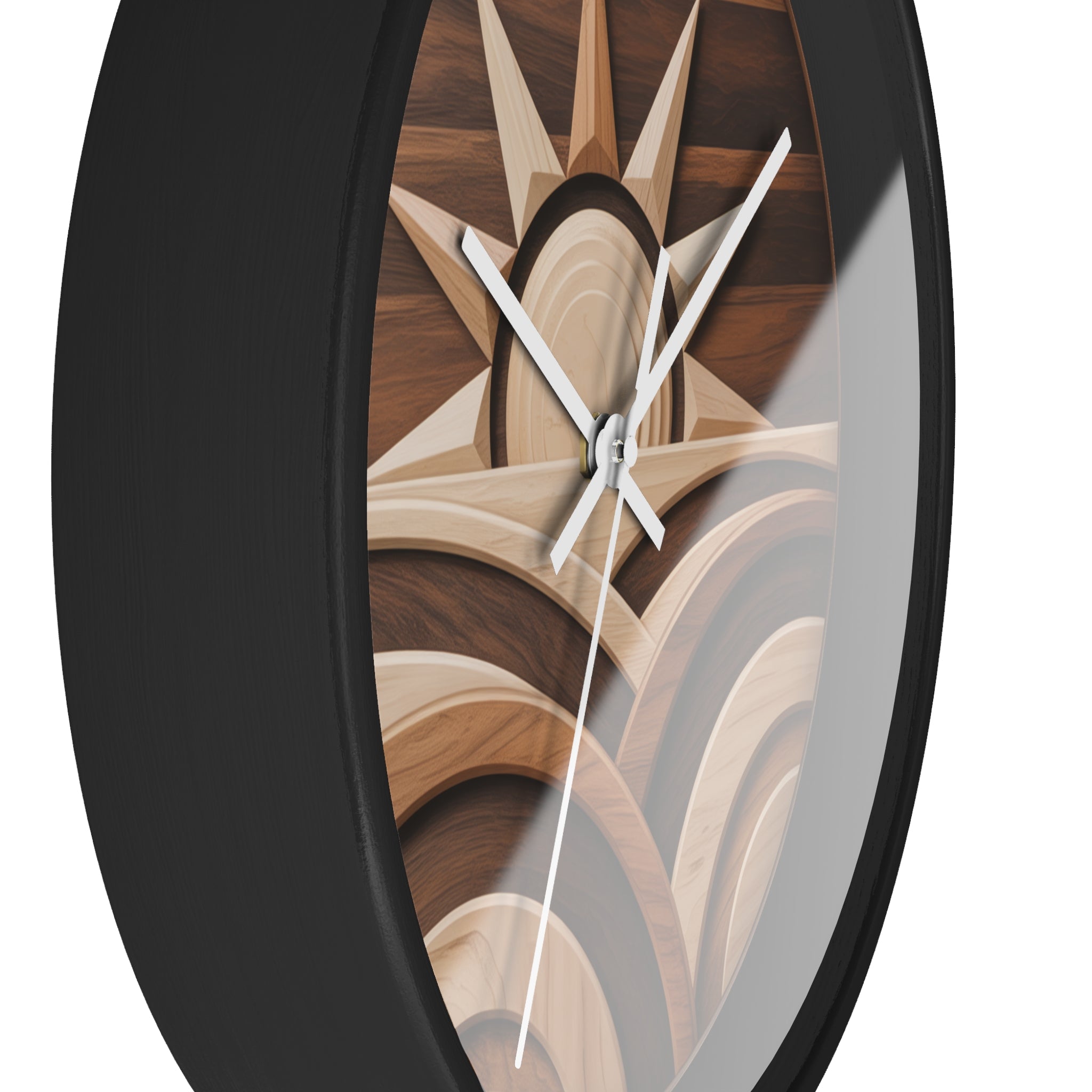 Mid Century Modern Clock Face Art, Geometric Sunrise Over Hills, Marquetry Style, Neutral Scandinavian Decor