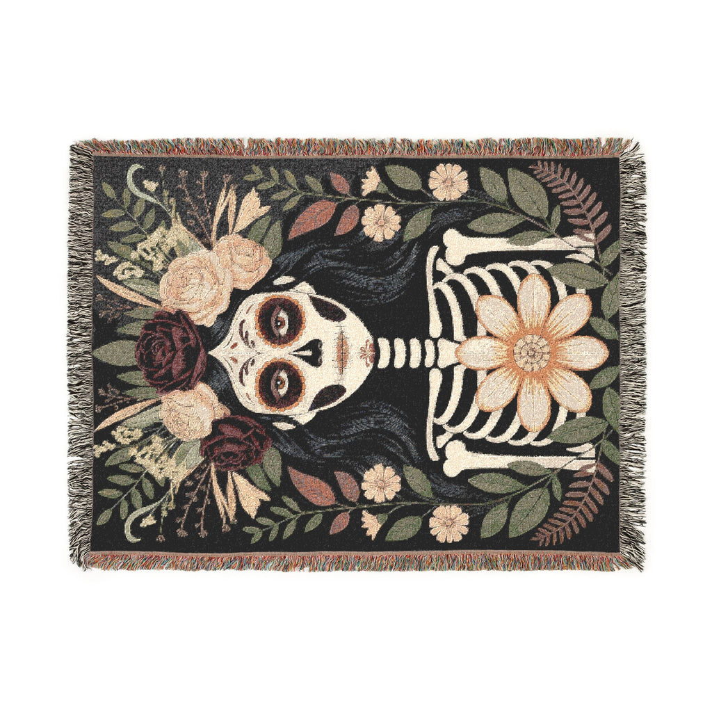 La Catrina Gothic Día de los Muertos Gothic Woven Blanket | Sugar Skull Botanical Throw